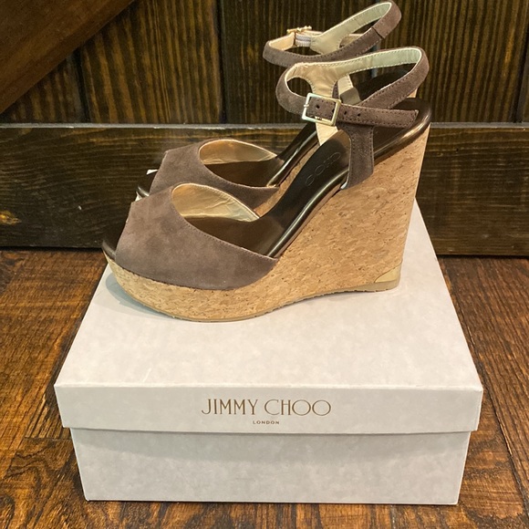 Jimmy Choo Perla Suede/Cork Wedge Sandal Pecan 37/7 NIB - Picture 5 of 11